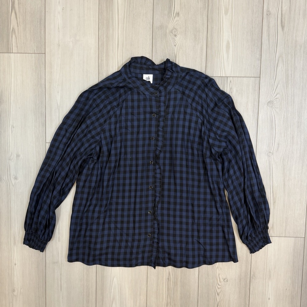 CAbi 3961 Aberdeen Plaid Button Down Top Black Blue Size XL Ruffled Detail Rayon